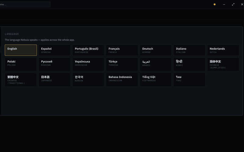 Nebula - language picker in Settings (real app screenshot)