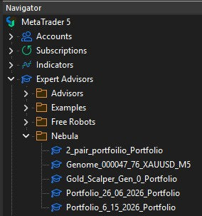 Nebula-generated Expert Advisors in the MetaTrader 5 Navigator Experts folder, ready to deploy