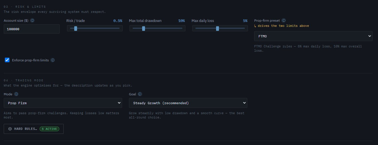 Nebula risk and limits panel — account size, per-trade risk, max total drawdown, max daily loss and an FTMO prop-firm preset with enforcement toggled on