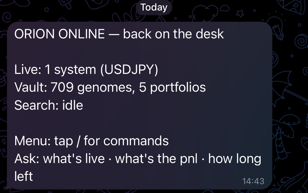 Telegram on an iPhone: Orion, the Nebula bot, is back on the desk. 1 system live, 709 genomes and 5 portfolios in the vault, the search idle, and the questions it answers.