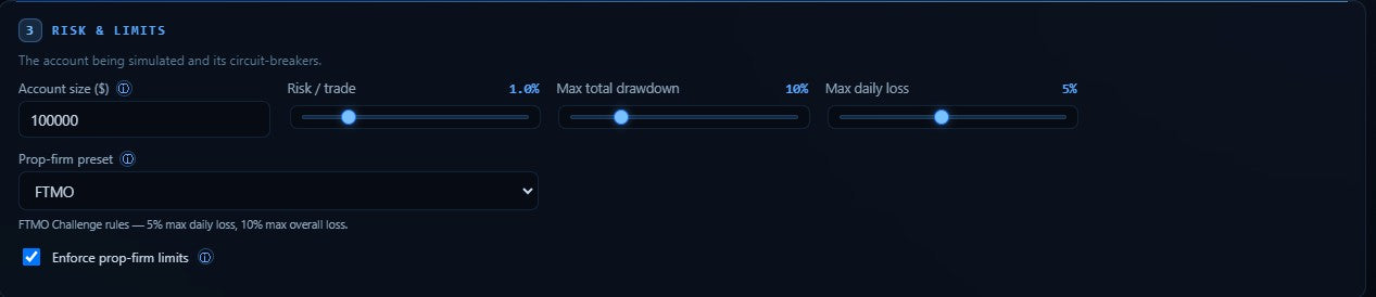 Nebula risk and limits panel — account size, per-trade risk, max total drawdown, max daily loss and an FTMO prop-firm preset with enforcement toggled on